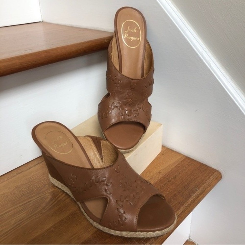Jack Rogers Brown Leather Wedge Sandal Sophia Slide Slip On Jute Size 8